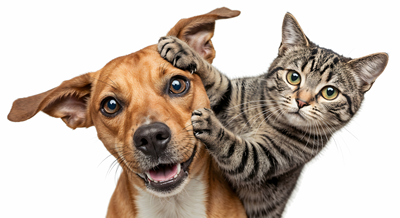 Cat climbing on dogs head